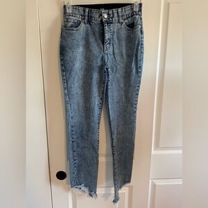 New York & Company Curvy Sculpting Skinny Jeans with frayed angled hem